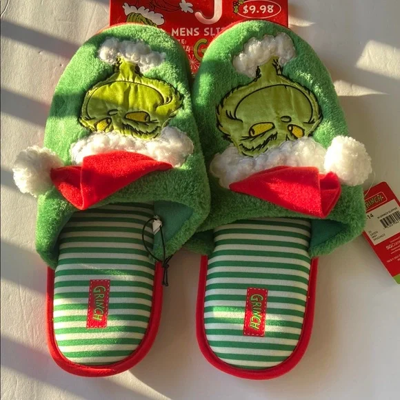 Green Grinch Slippers with Red Accents - Picture 1 of 3
